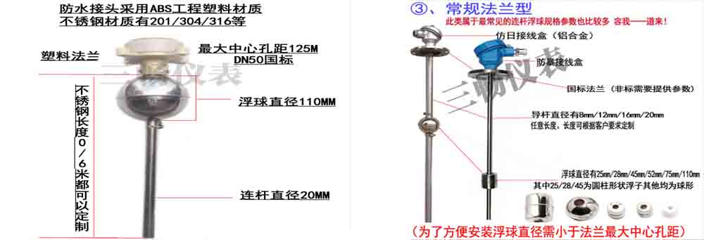 国标型塑料接头浮球液位开关和常规法兰型浮球液位开关